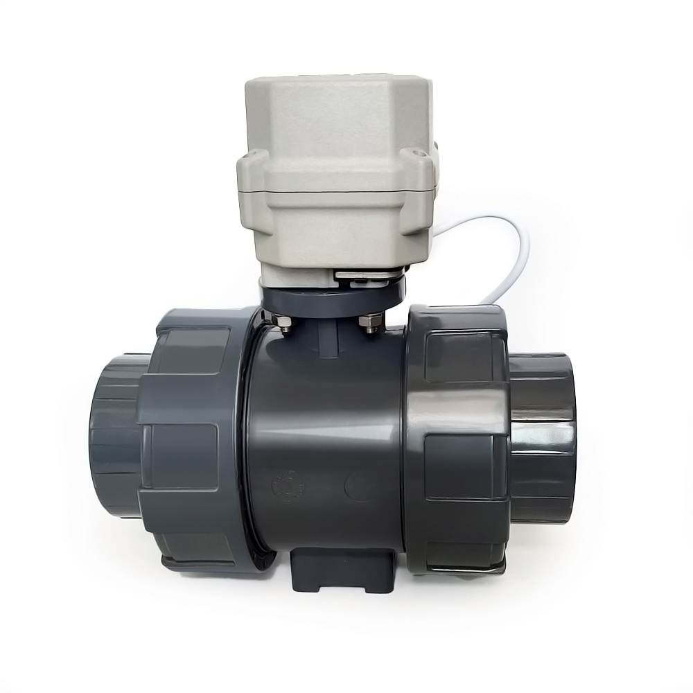 UPVC電動(dòng)2通球閥活由壬接頭BSP/NPT，德標(biāo)承插口，PVC二通電動(dòng)球閥帶15牛米執(zhí)行器帶指示帶手動(dòng)，三線(xiàn)二控